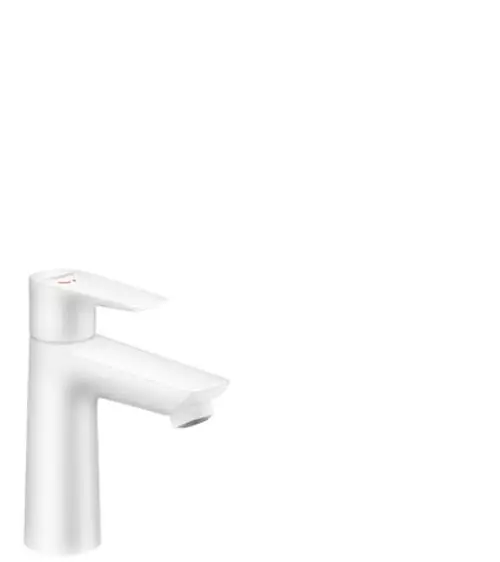 Einhebel-Waschtischmischer in Mattweiß von Hansgrohe mit flacher Auslaufform und Zugstangen-Ablaufgarnitur, auf einem hellen Hintergrund.